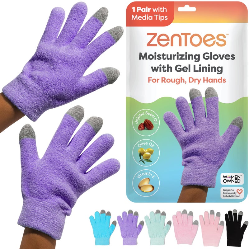 Zentoes قفازات زين توز المرطبة لليدين الجافة، جل م infused بزيت بذور الجوجوبا، زيت الزيتون وفيتامين E، مرطب لليدين طوال الليل (مقاس موحد، لون ليلك فuzzy مع أطراف متوسطة) - Image 1